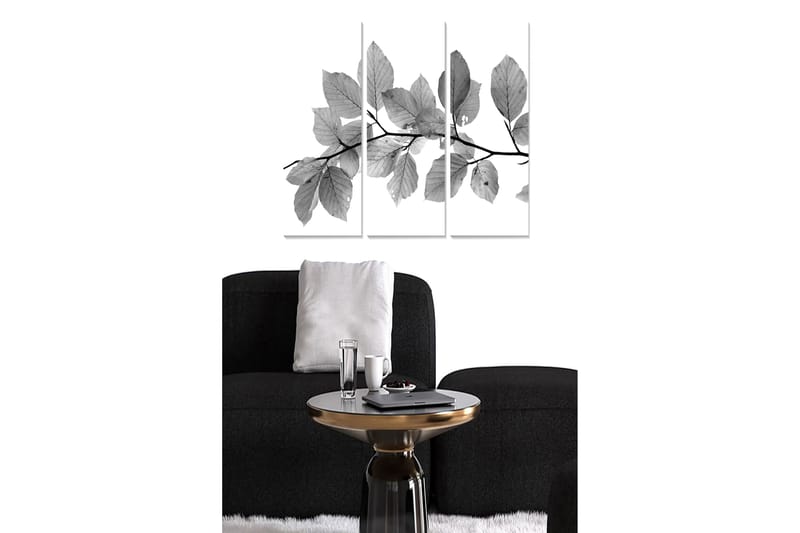 Trælærredstryk 3-delt 50x70 cm - Sort-hvide blade på en gren, Sort / Grå / Hvid