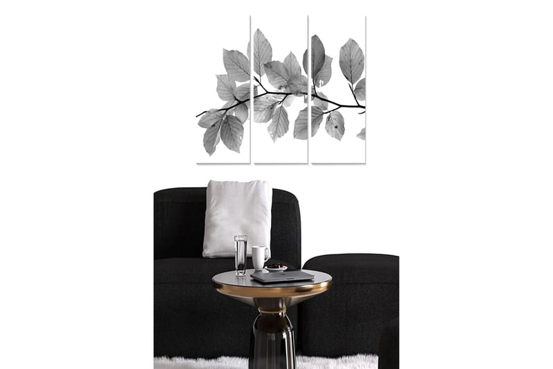 Trælærredstryk 3-delt 50x70 cm - Sort-hvide blade på en gren, Sort / Grå / Hvid