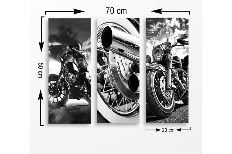 Trælærredstryk 3-delt 50x70 cm - Sort-hvide motorcykler i dynamisk komposition - Sort / Hvid / Grå - Boligtilbehør - Billeder & kunst - Billeder på lærred
