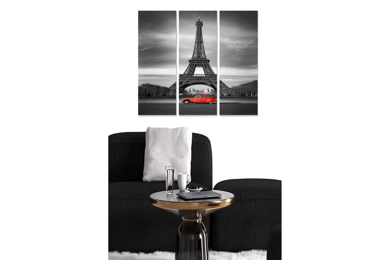 Trælærredstryk 3-delt 50x70 cm - Sort-hvidt billede af Eiffeltårnet med en rød bil i forgrunden, Rød / Sort / Grå