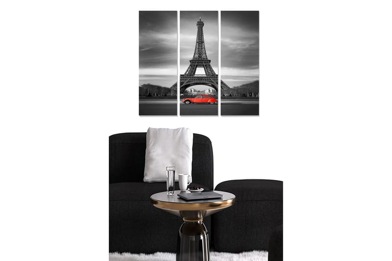 Trælærredstryk 3-delt 50x70 cm - Sort-hvidt billede af Eiffeltårnet med en rød bil i forgrunden, Rød / Sort / Grå