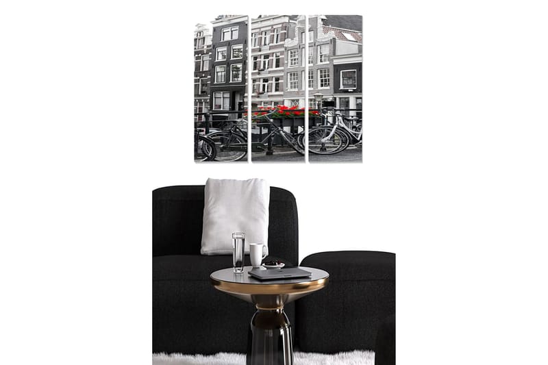 Trælærredstryk 3-delt 50x70 cm - Sort-hvidt bybillede med cykler og røde blomster, Sort / Rød / Hvid