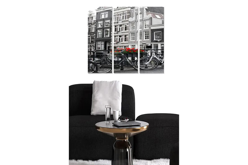 Trælærredstryk 3-delt 50x70 cm - Sort-hvidt bybillede med cykler og røde blomster, Sort / Rød / Hvid