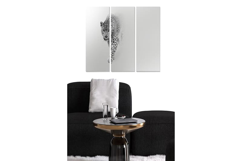 Trælærredstryk 3-delt 50x70 cm - Sort og hvid leopard i bevægelse, Sort / Hvid