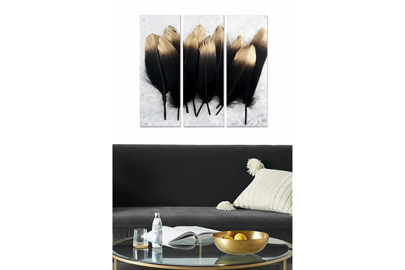 Trælærredstryk 3-delt 50x70 cm - Sorte og guld fjer i en elegant komposition - Sort / Guld - Boligtilbehør - Billeder & kunst - Billeder på lærred