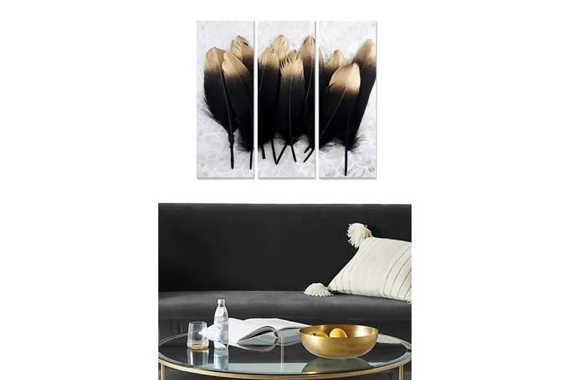 Trælærredstryk 3-delt 50x70 cm - Sorte og guld fjer i en elegant komposition, Sort / Guld