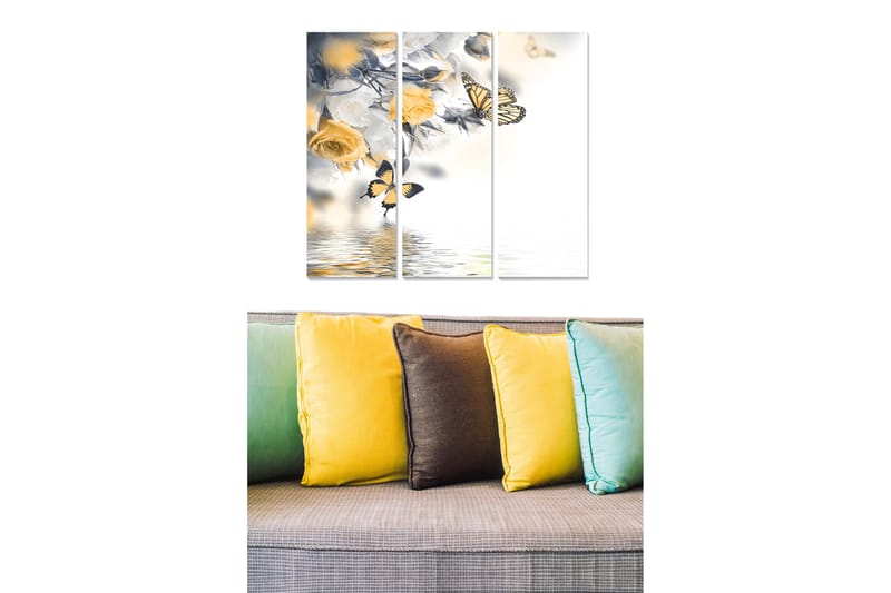 Trælærredstryk 3-delt 50x70 cm - Sorte og hvide sommerfugle og gule roser i en harmonisk komposition, Gul / Sort / Hvid