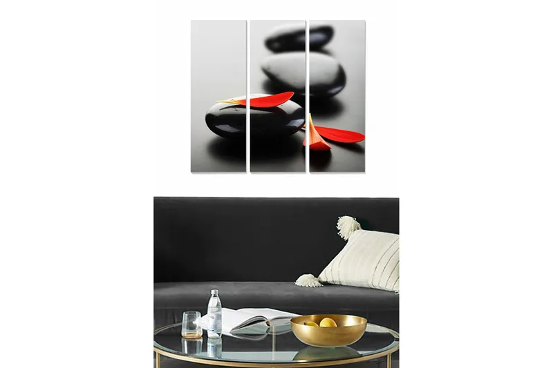 Trælærredstryk 3-delt 50x70 cm - Sorte sten med røde blomsterblade, Sort / Rød