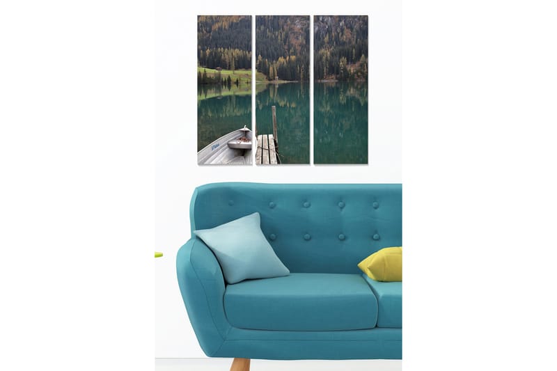 Trælærredstryk 3-delt 50x70 cm - Spejlblankt sølandskab med en båd ved molen, Turkis / Grøn / Brun