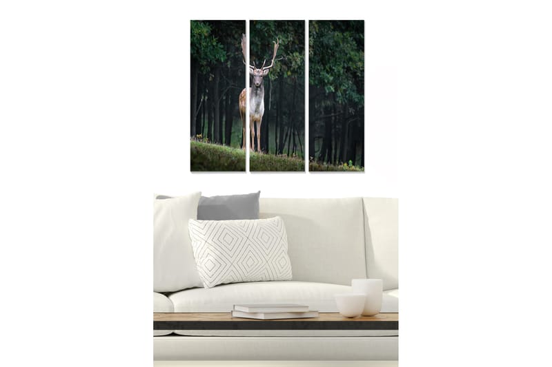 Trælærredstryk 3-delt 50x70 cm - Stående hjort i skovmiljø, Grøn / Brun / Sort