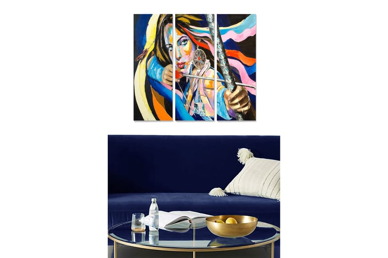 Trælærredstryk 3-delt 50x70 cm - Stærkt portræt af en kvinde med sværd og farverige linjer, Blå / Orange / Lyserød