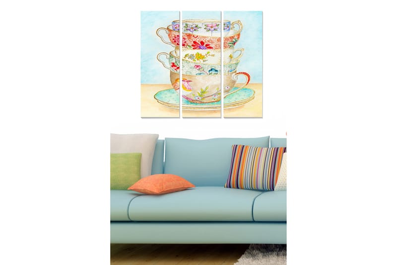 Trælærredstryk 3-delt 50x70 cm - Stablede tekopper med blomstermønster, Lyseblå / Rød / Grøn