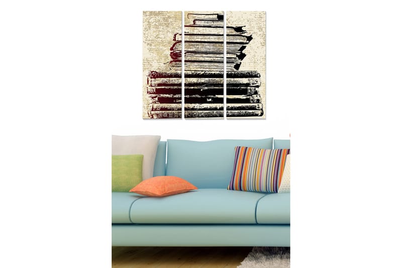 Trælærredstryk 3-delt 50x70 cm - Stak af gamle bøger i sort-hvid, Sort / Beige