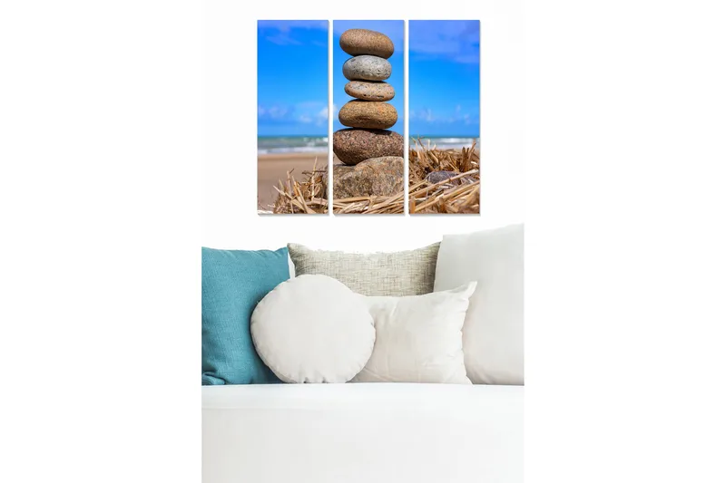 Trælærredstryk 3-delt 50x70 cm - Staldsten i en harmonisk stak på stranden, Grå / Brun / Blå
