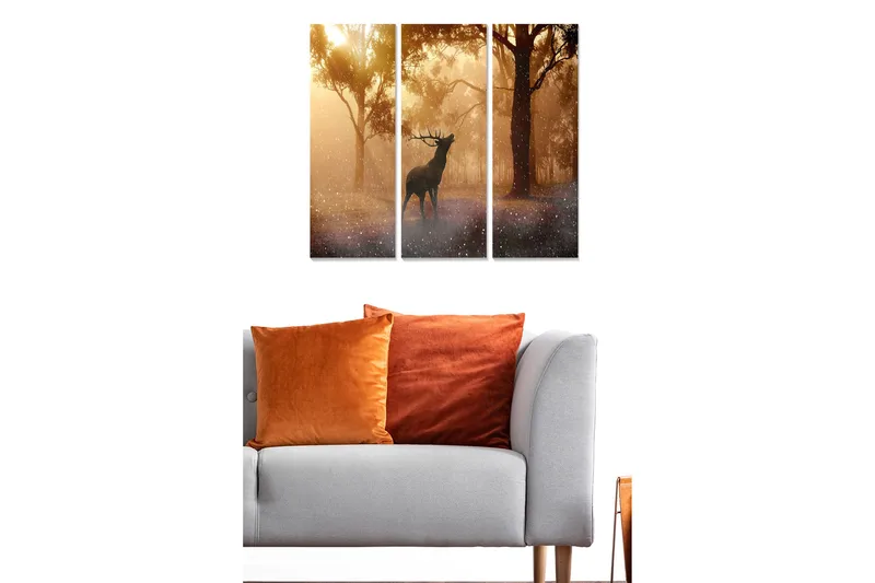 Trælærredstryk 3-delt 50x70 cm - Statslig elg i et tåget skovmiljø, Guld / Mørkebrun / Grå