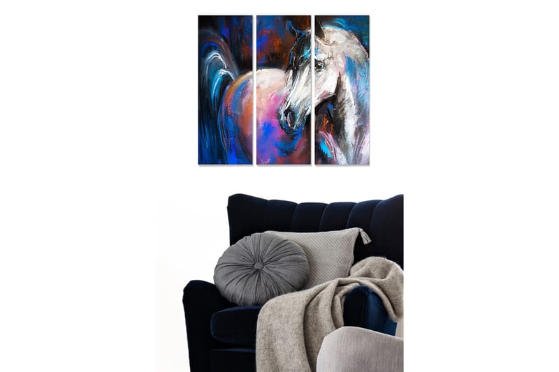 Trælærredstryk 3-delt 50x70 cm - Statslig hest i dynamisk komposition, Blå / Hvid / Lyserød