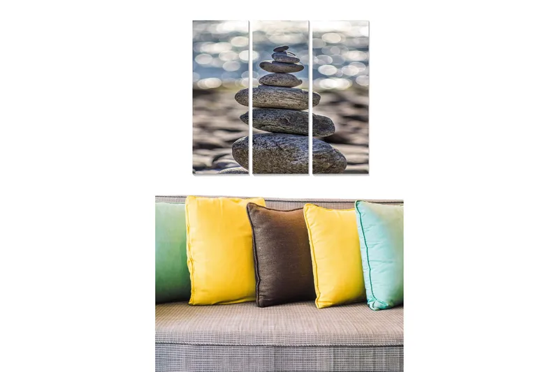 Trælærredstryk 3-delt 50x70 cm - Stenbunke i harmonisk balance, Grå / Beige / Sort