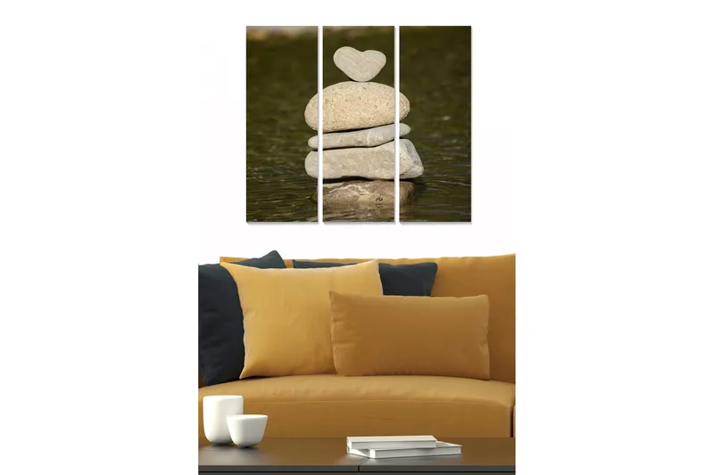 Trælærredstryk 3-delt 50x70 cm - Stenbunke med en hjerteformet sten ovenpå, Grå / Beige / Brun