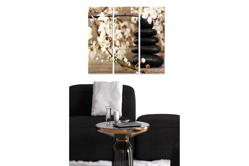 Trælærredstryk 3-delt 50x70 cm - Stenbunke omgivet af blomster og grene, Sort / Hvid / Beige