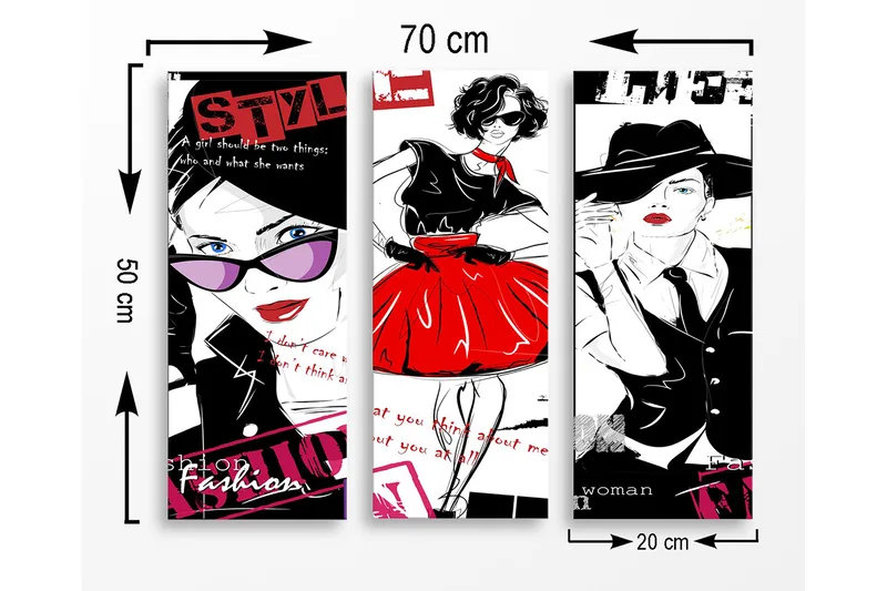 Trælærredstryk 3-delt 50x70 cm - Stilfulde kvinder i mode med farverige detaljer - Rød / Sort / Hvid - Boligtilbehør - Billeder & kunst - Billeder på lærred
