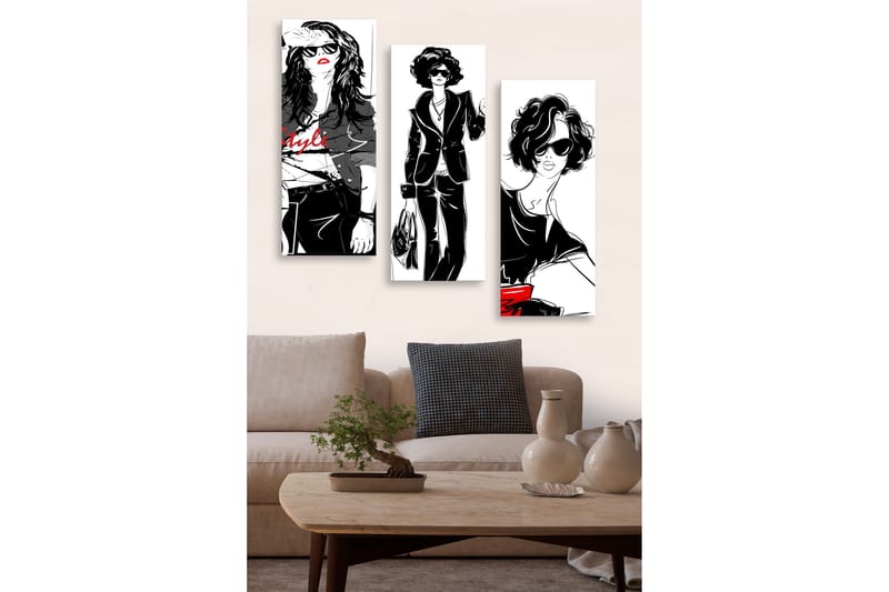 Trælærredstryk 3-delt 50x70 cm - Stilfulde kvinder i modetøj med solbriller, Sort / Rød / Hvid