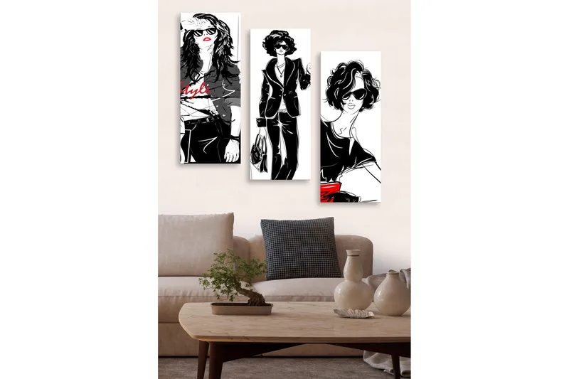 Trælærredstryk 3-delt 50x70 cm - Stilfulde kvinder i modetøj med solbriller, Sort / Rød / Hvid