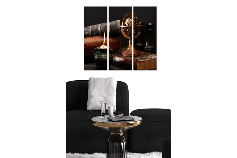 Trælærredstryk 3-delt 50x70 cm - Stilhed med bøger, en globus og et tændt lys, Mørkegrøn / Brun / Guld