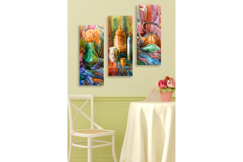 Trælærredstryk 3-delt 50x70 cm - Stilhed med blomster og keramiske genstande i harmoniske farver, Grøn / Orange / Blå