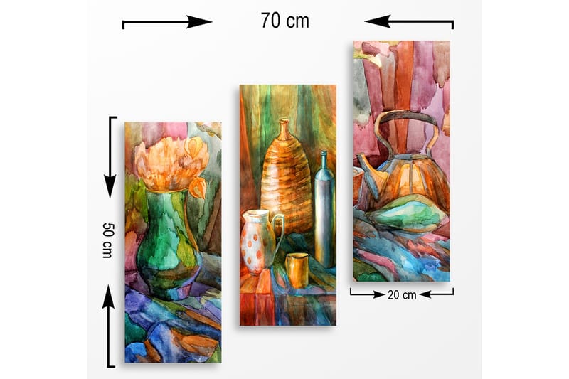 Trælærredstryk 3-delt 50x70 cm - Stilhed med blomster og keramiske genstande i harmoniske farver - Grøn / Orange / Blå - Boligtilbehør - Billeder & kunst - Billeder på lærred
