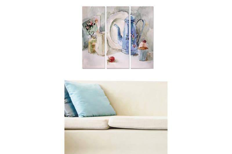Trælærredstryk 3-delt 50x70 cm - Stilhed med en blå kaffekande og kager, Blå / Grøn / Beige