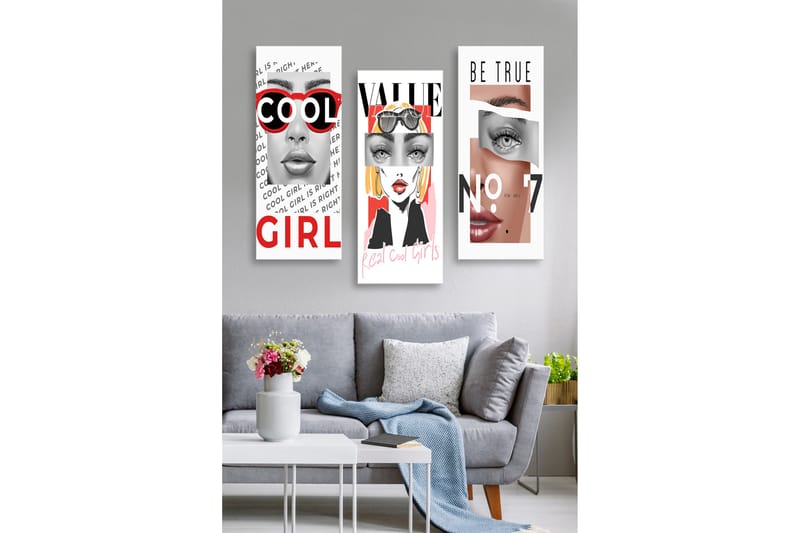 Trælærredstryk 3-delt 50x70 cm - Stiliserede portrætter af kvinder med moderne elementer, Rød / Sort / Hudtone
