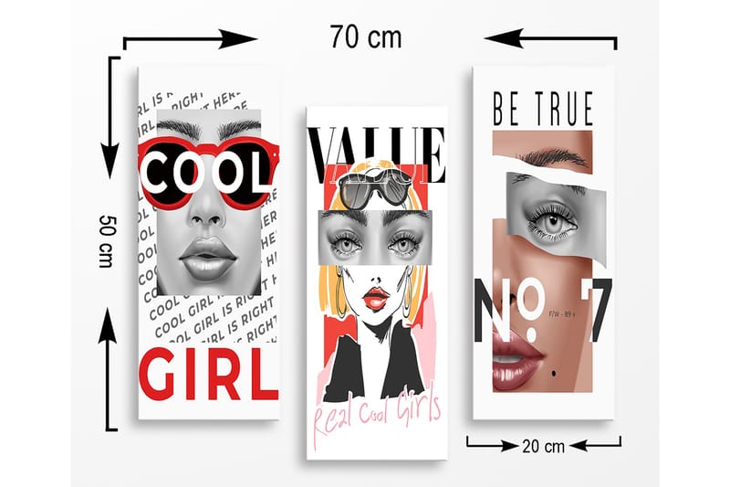 Trælærredstryk 3-delt 50x70 cm - Stiliserede portrætter af kvinder med moderne elementer - Rød / Sort / Hudtone - Boligtilbehør - Billeder & kunst - Billeder på lærred