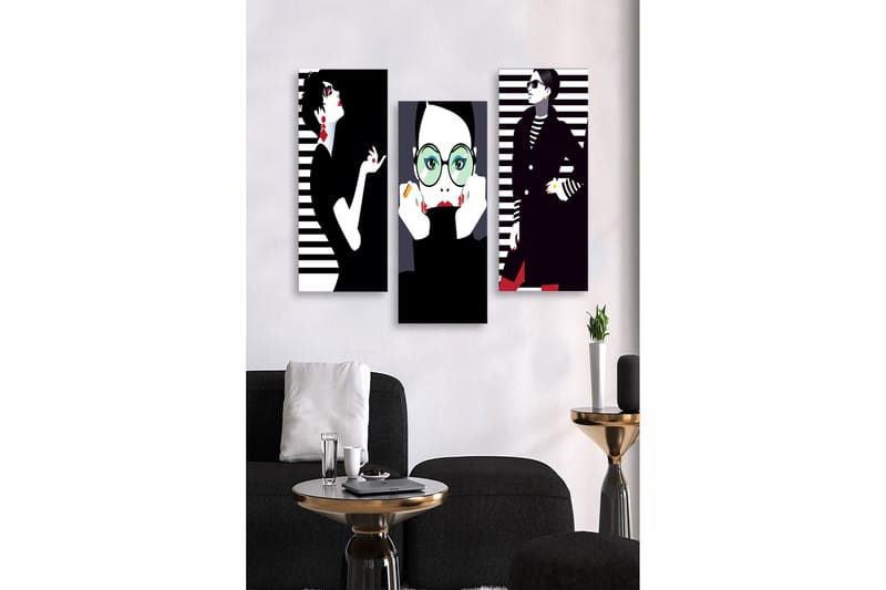 Trælærredstryk 3-delt 50x70 cm - Stiliserede portrætter af modeikoner med grafiske elementer, Sort / Hvid / Rød