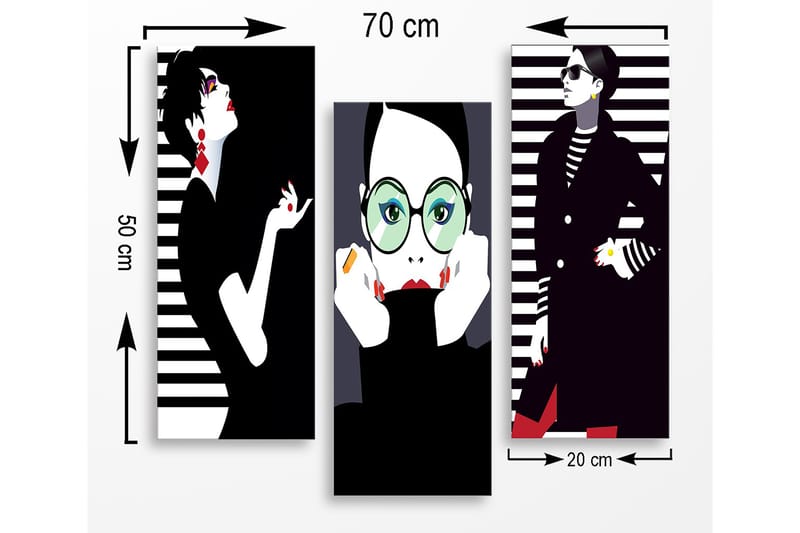 Trælærredstryk 3-delt 50x70 cm - Stiliserede portrætter af modeikoner med grafiske elementer - Sort / Hvid / Rød - Boligtilbehør - Billeder & kunst - Billeder på lærred