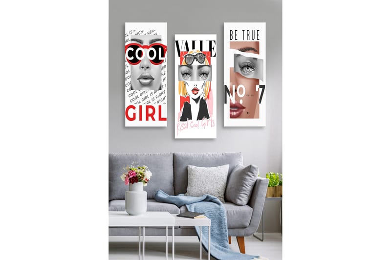 Trælærredstryk 3-delt 50x70 cm - Stiliserede portrætter af kvinder med moderne elementer, Rød / Sort / Hudtone
