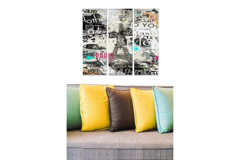 Trælærredstryk 3-delt 50x70 cm - Stiliseret billede af Eiffeltårnet med tekst og farverige elementer, Sort / Grå / Lyserød