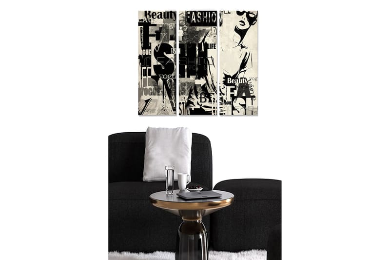Trælærredstryk 3-delt 50x70 cm - Stiliseret kvinde med mode- og skønhedsmotiver, Sort / Hvid / Grå