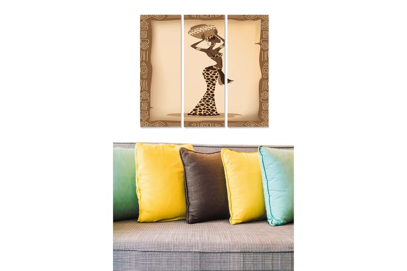 Trælærredstryk 3-delt 50x70 cm - Stiliseret kvinde med traditionelt tøj og hovedbeklædning, Brun / Beige / Sort