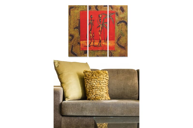 Trælærredstryk 3-delt 50x70 cm - Stiliseret skulptur af to personer med palmer i en rød ramme, Rød / Gul / Brun