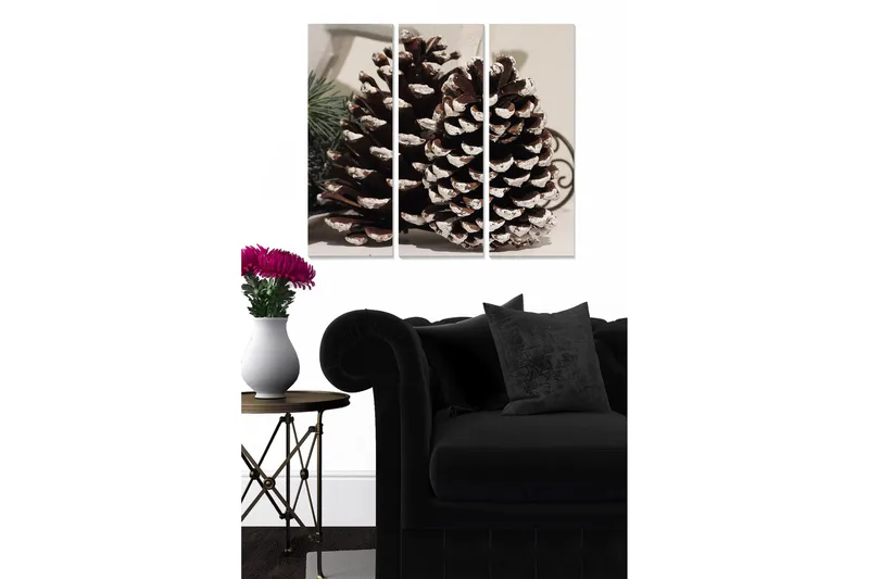 Trælærredstryk 3-delt 50x70 cm - Store kogler med sneklædte toppe, Brun / Hvid / Grøn