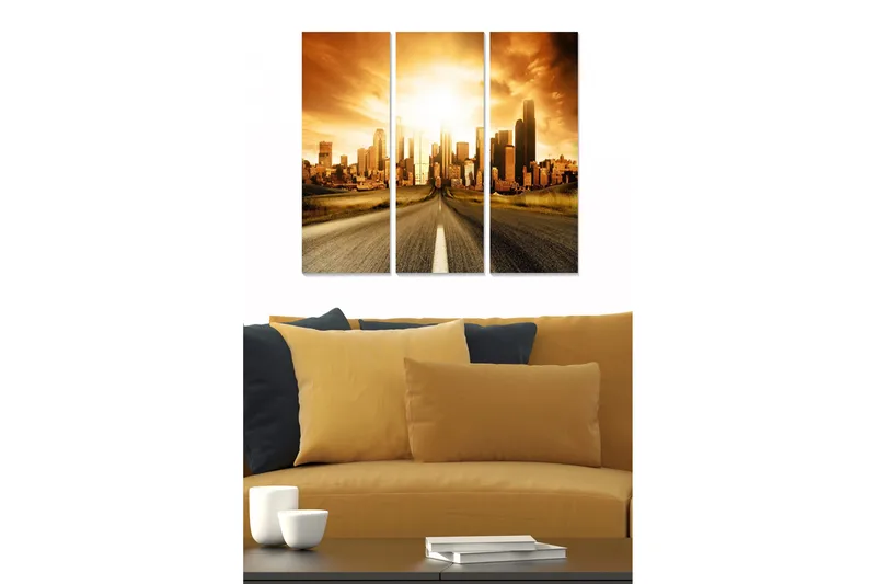 Trælærredstryk 3-delt 50x70 cm - Storslået byudsigt ved solnedgang, Guld / Brun / Sort