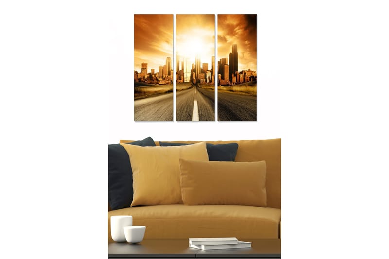 Trælærredstryk 3-delt 50x70 cm - Storslået byudsigt ved solnedgang, Guld / Brun / Sort