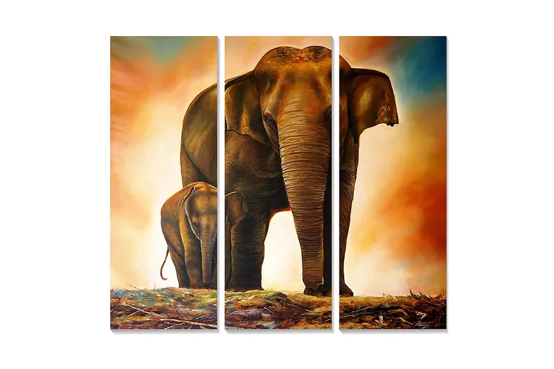Trælærredstryk 3-delt 50x70 cm - Storslået elefant med kalv i et varmt og dramatisk miljø, Brun / Orange / Beige