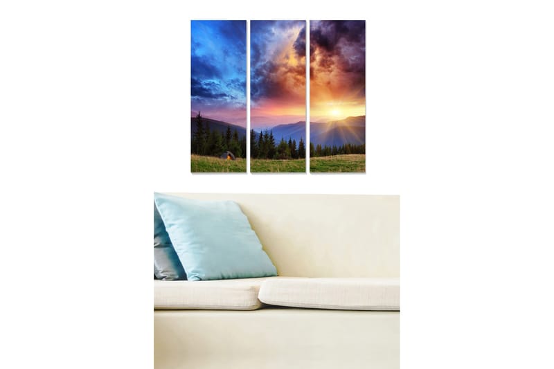 Trælærredstryk 3-delt 50x70 cm - Storslået solnedgang over bjerglandskab, Blå / Orange / Grøn