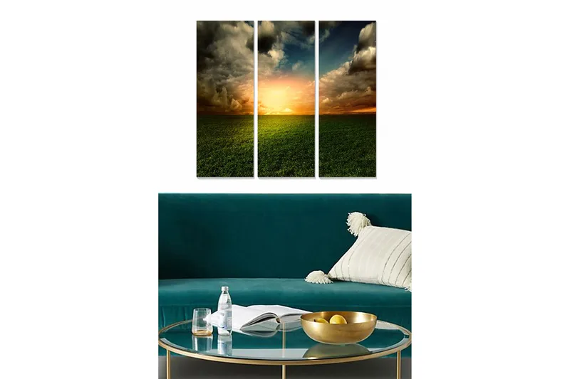 Trælærredstryk 3-delt 50x70 cm - Storslået solnedgang over et åbent landskab, Grøn / Orange / Blå