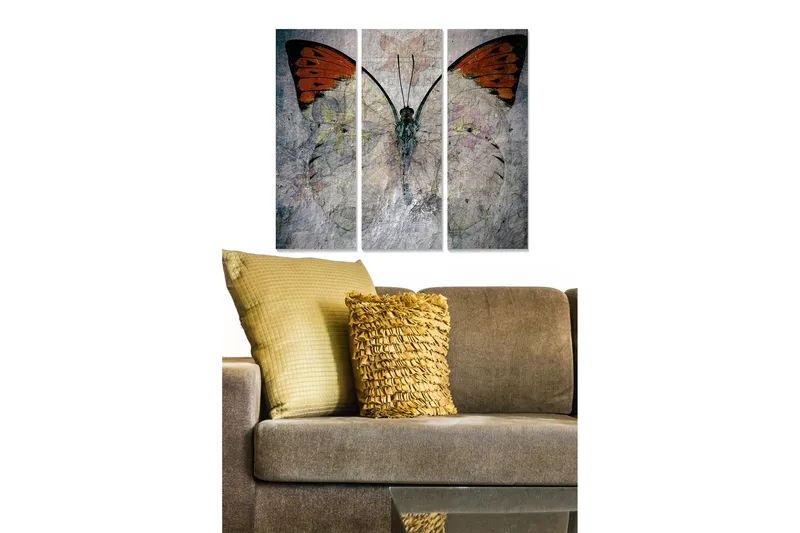 Trælærredstryk 3-delt 50x70 cm - Storslået sommerfugl med orange vinger - Orange / Grå / Hvid - Boligtilbehør - Billeder & kunst - Billeder på lærred
