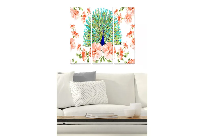 Trælærredstryk 3-delt 50x70 cm - Storslået påfugl omgivet af blomster, Turkis / Pink / Grøn