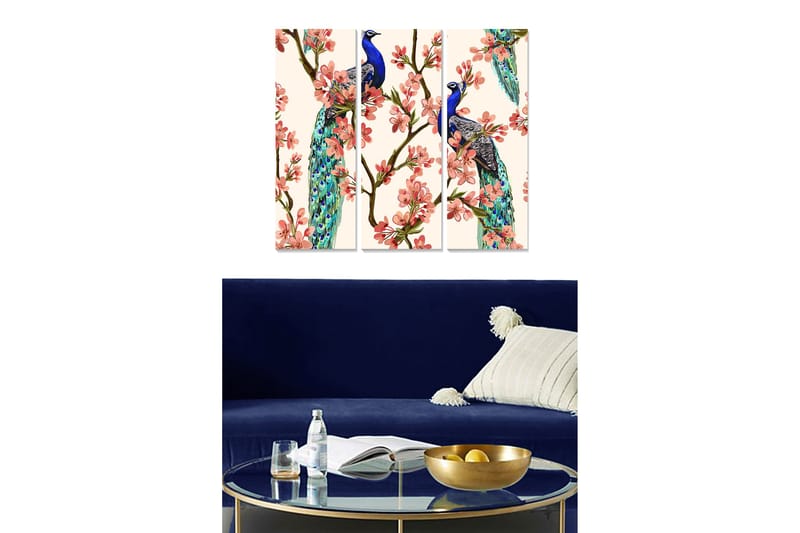 Trælærredstryk 3-delt 50x70 cm - Storslået påfugl blandt blomster, Blå / Lyserød / Grøn