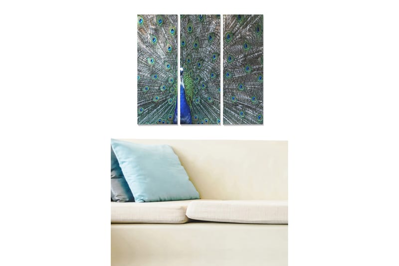 Trælærredstryk 3-delt 50x70 cm - Storslået påfuglefjer med iriserende øjenmønster, Grøn / Blå / Sort
