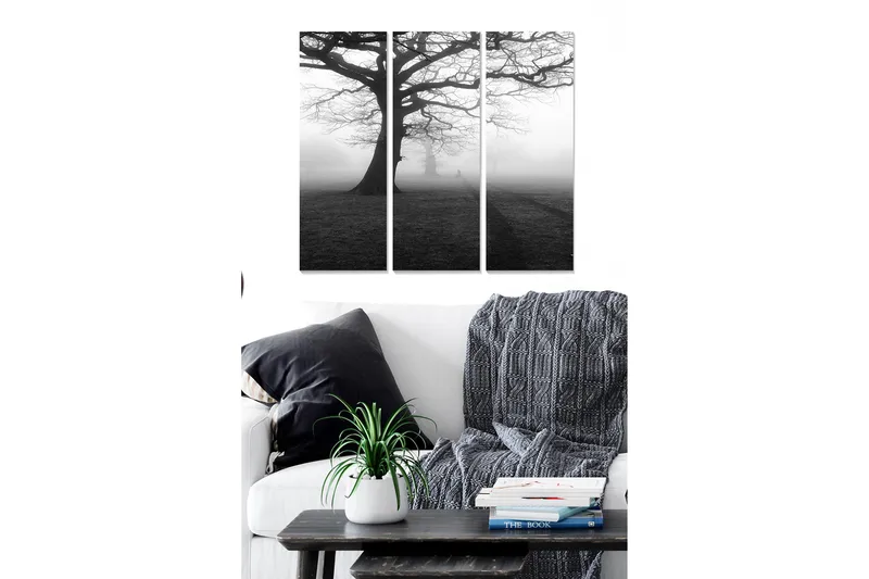 Trælærredstryk 3-delt 50x70 cm - Stort, bart træ i tåget landskab, Sort / Grå